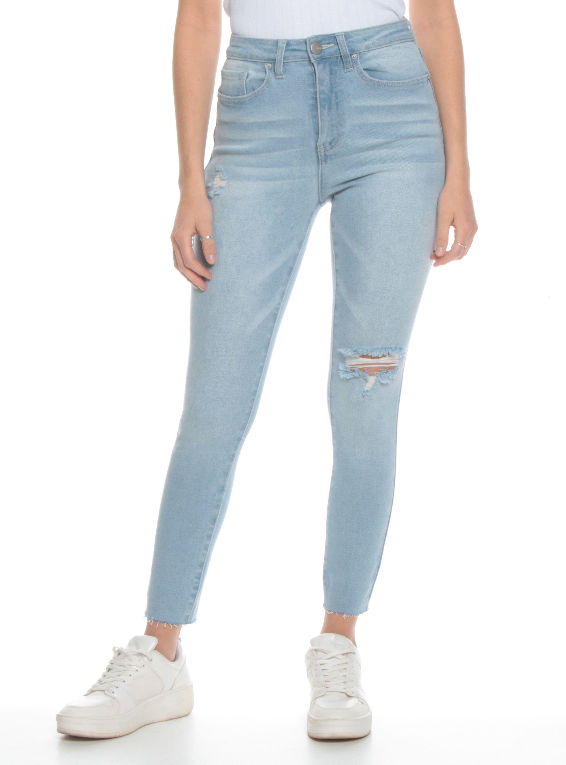 Jeans Básico Pitillo Tiro Alto Pretina Botón Rotura Rodilla-0