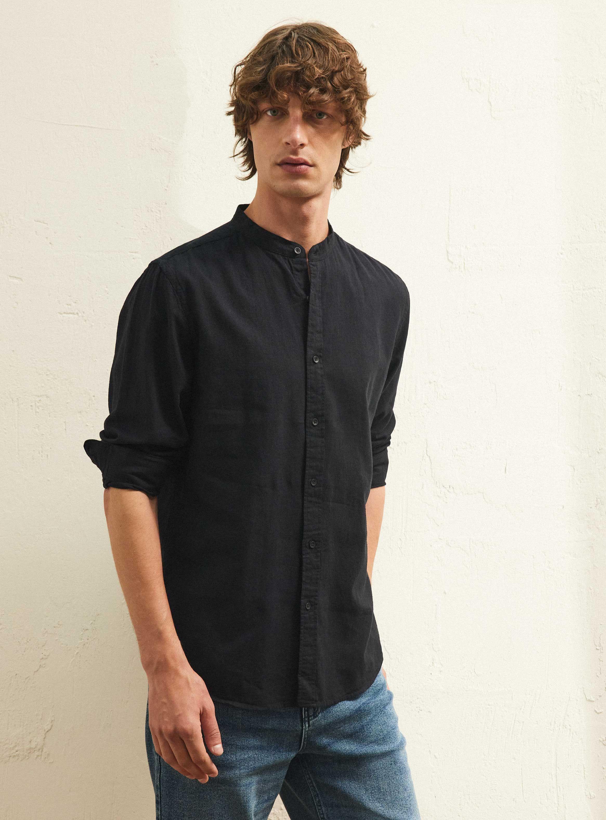 Camisa Cuello Mao Lino Algodón Manga Larga-0