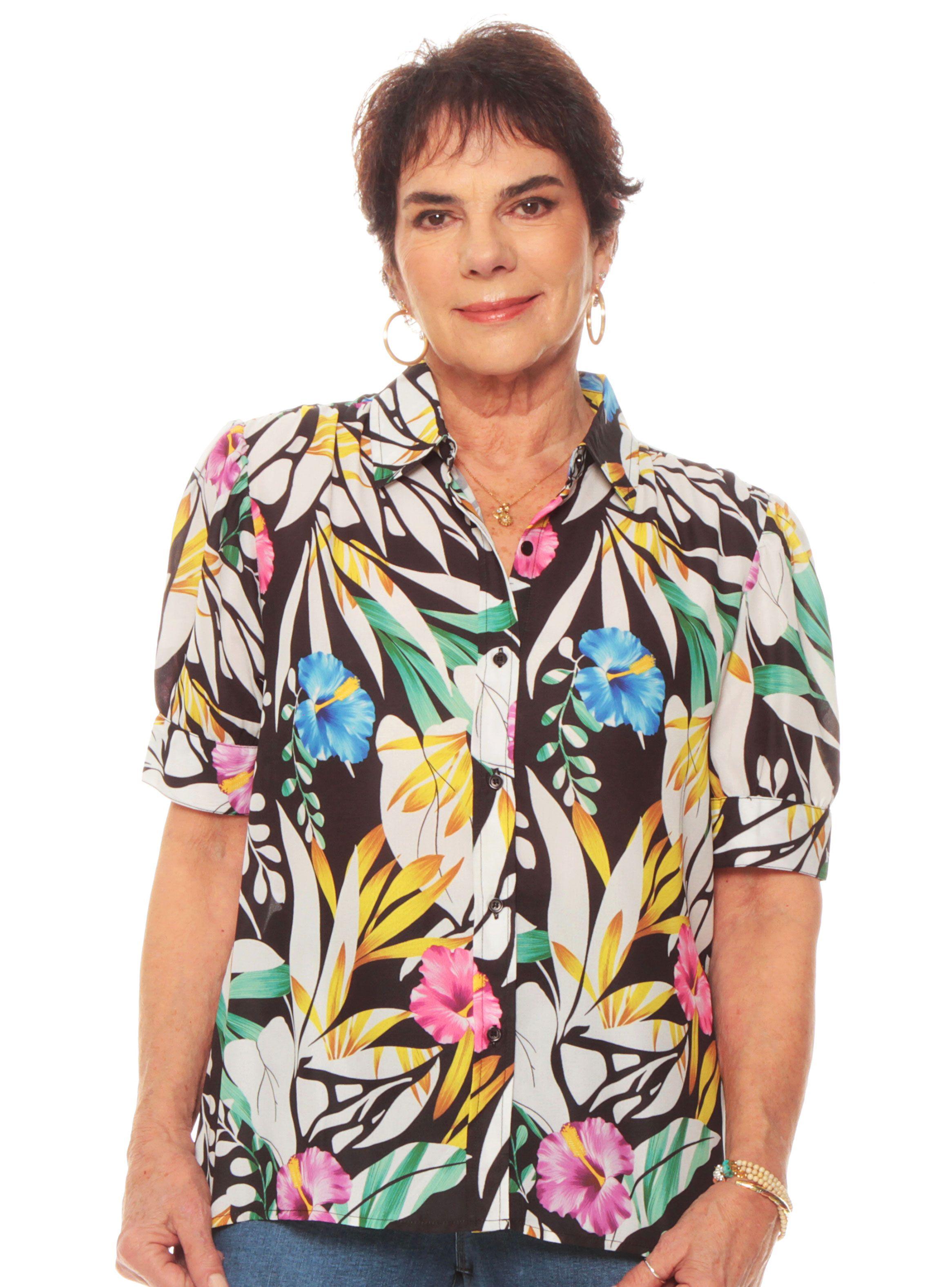 Blusa Manga 3/4 Estampada Abotonda  Cuello Camisero-0