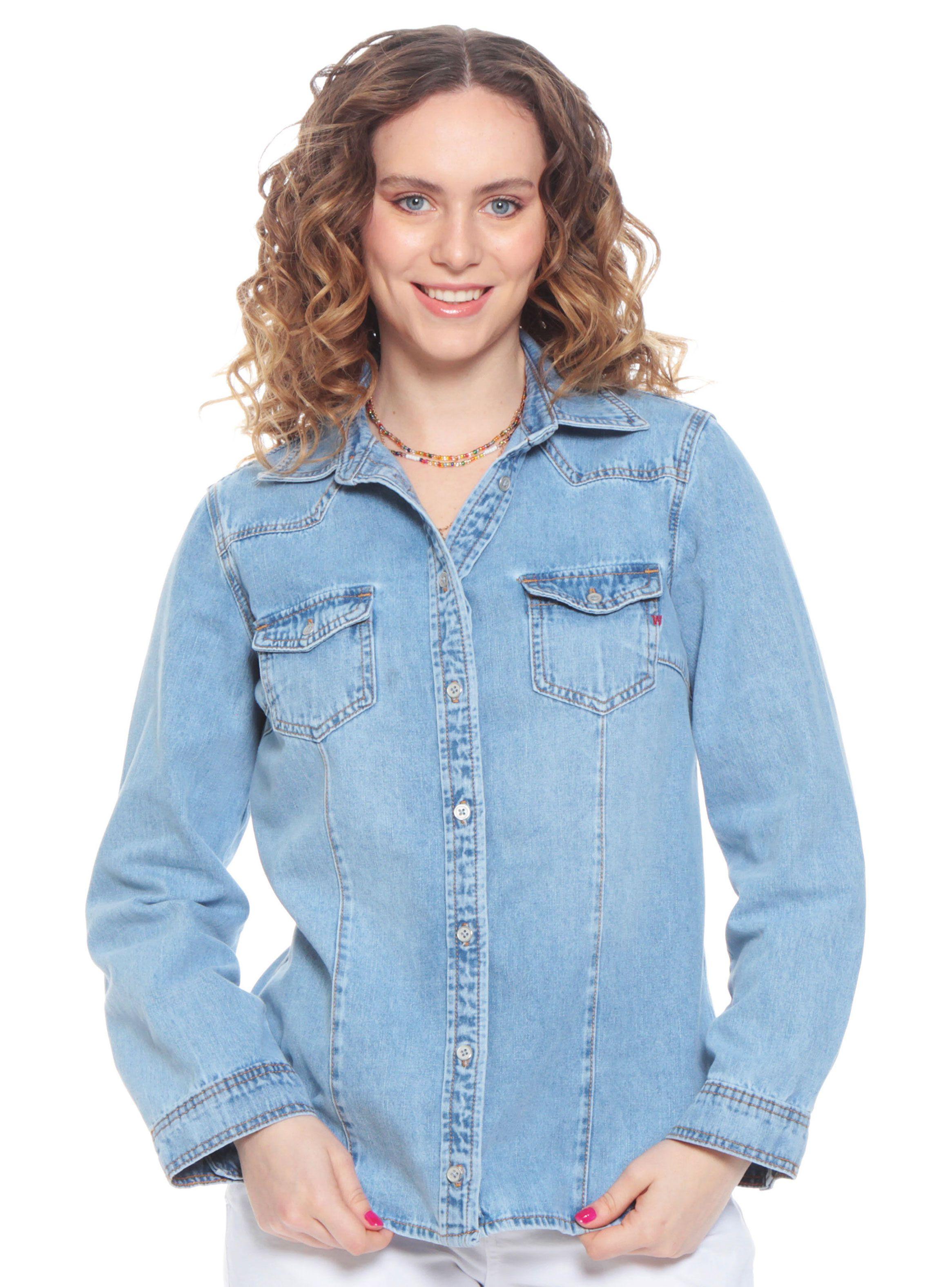 Blusa Manga Larga Denim con Bolsillo y Tapaeta Abrochada-0