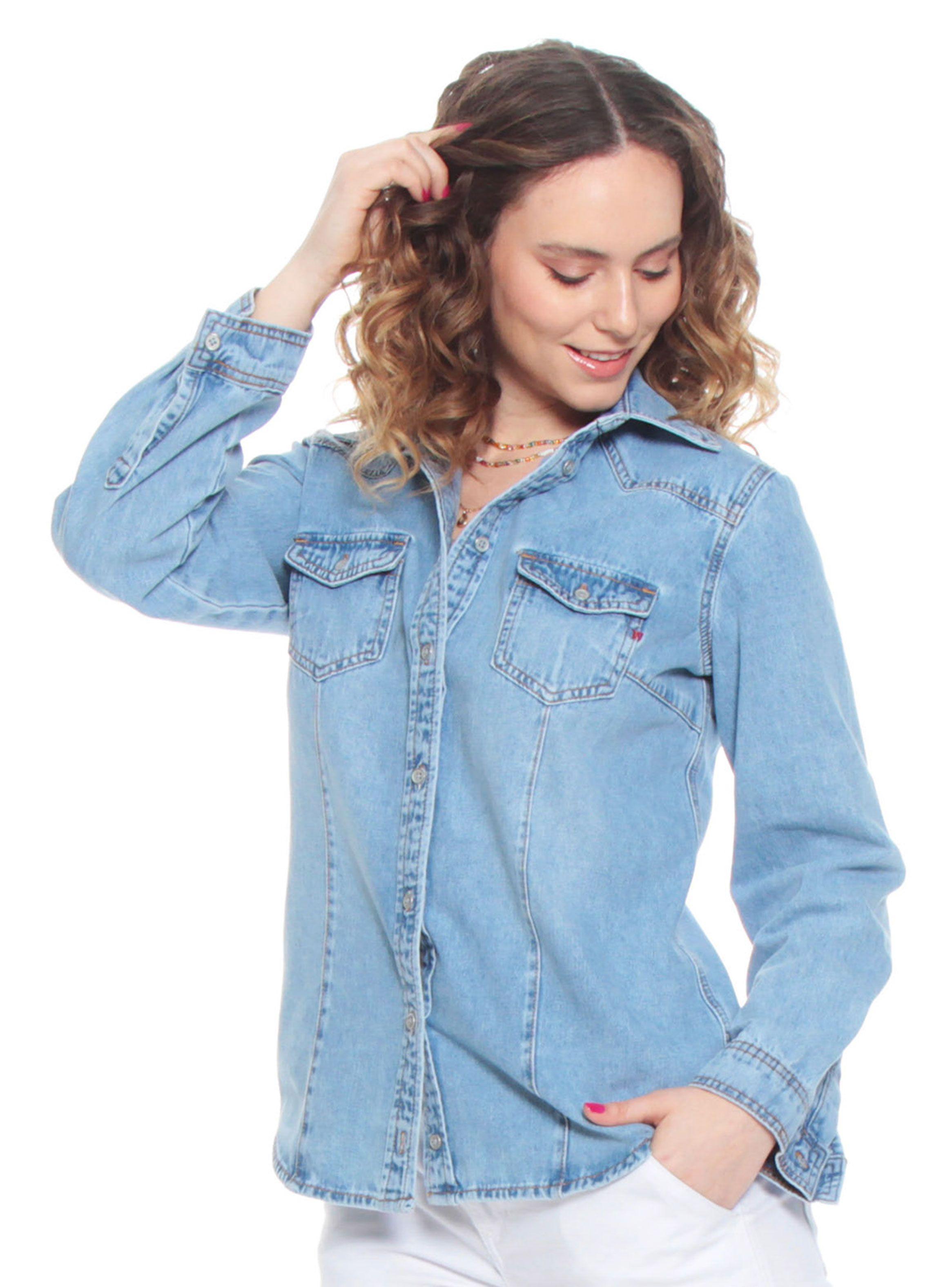 Blusa Manga Larga Denim con Bolsillo y Tapaeta Abrochada-2