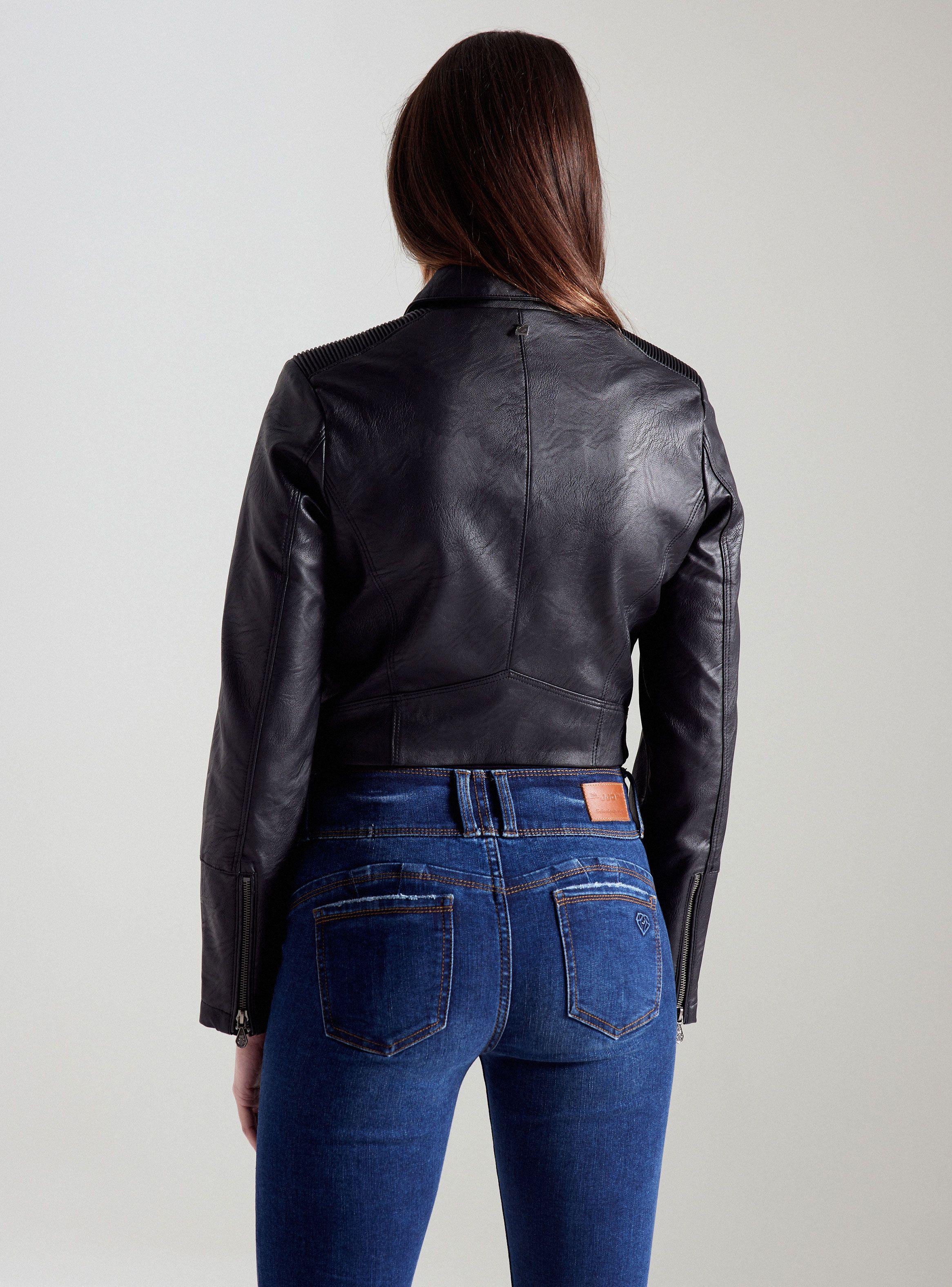 Chaqueta Biker Simil Cuero Pespuntes Hombro-1
