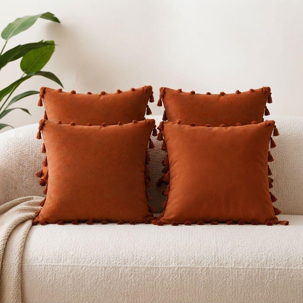 Fundas Para Cojín Decorativas 45x45 cm Marrón Pack 4 Unidades Con Borlas-4