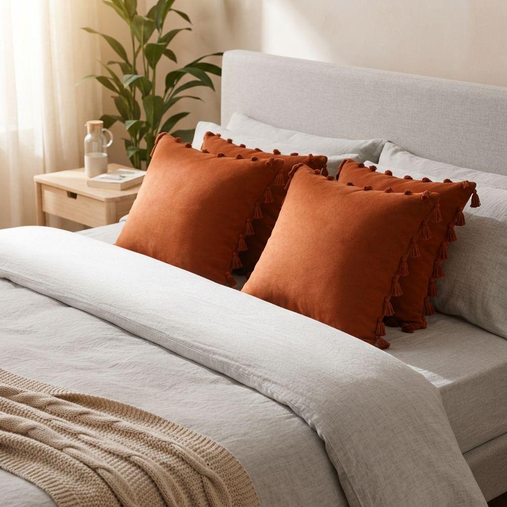 Fundas Para Cojín Decorativas 45x45 cm Marrón Pack 4 Unidades Con Borlas-8