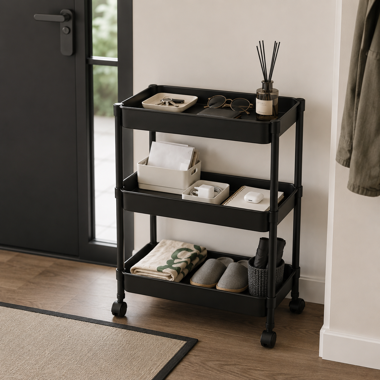 Organizador De Cocina Con Rueda 3 Niveles Negro Plastico 800-1