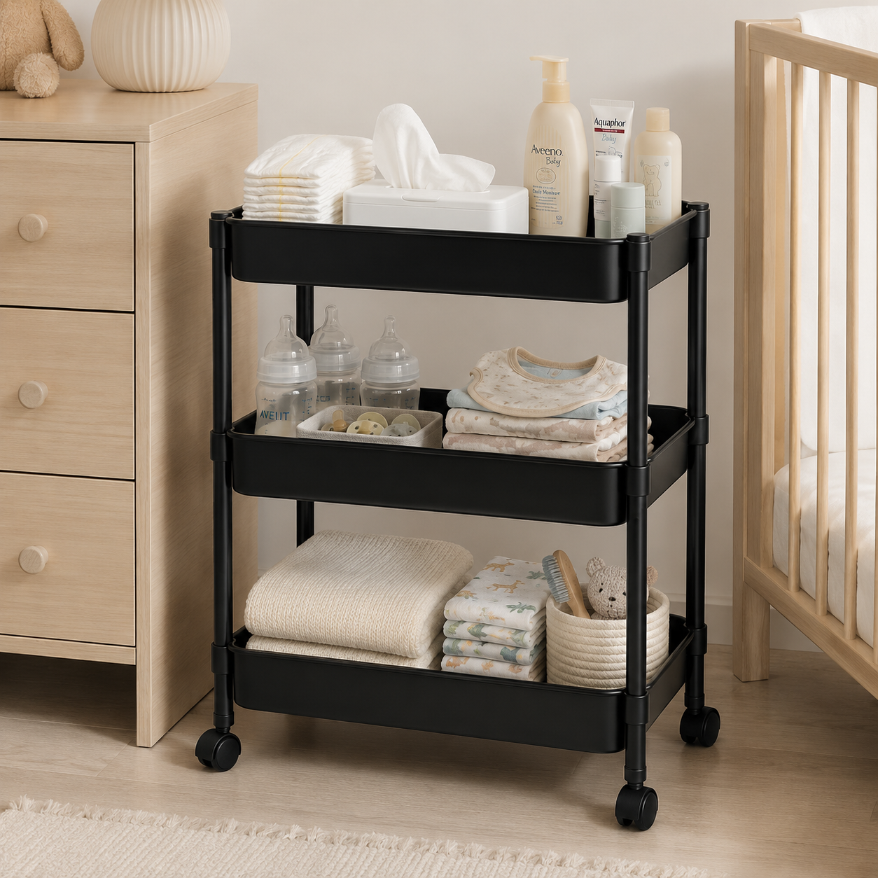 Organizador De Cocina Con Rueda 3 Niveles Negro Plastico 800-3