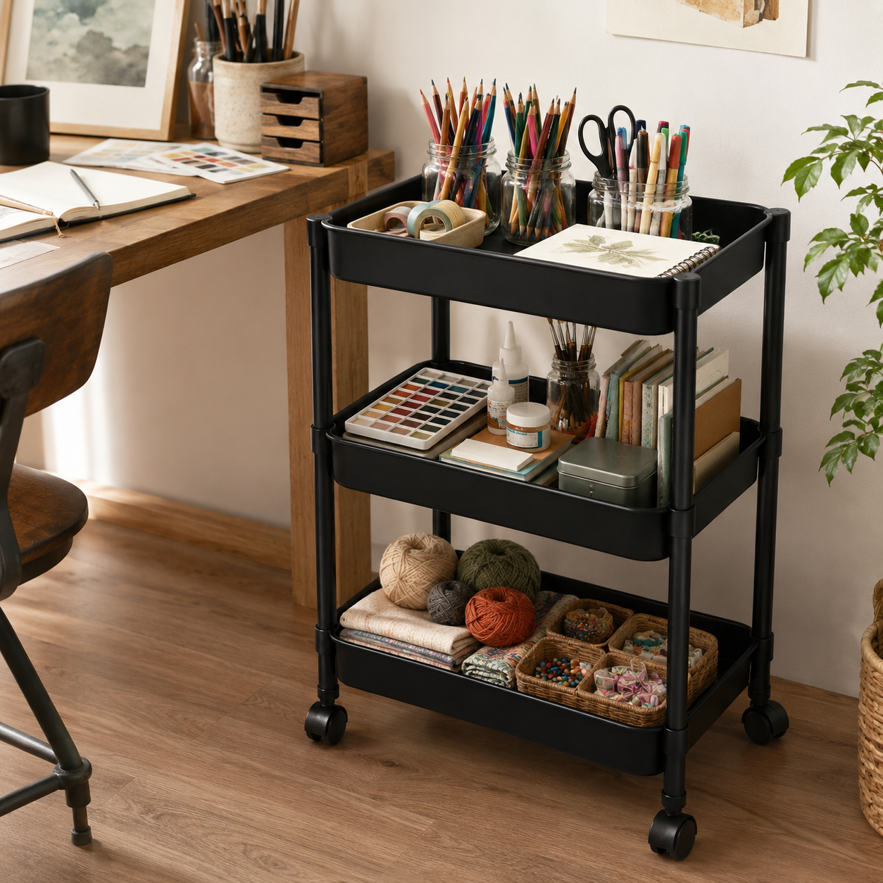 Organizador De Cocina Con Rueda 3 Niveles Negro Plastico 800-4