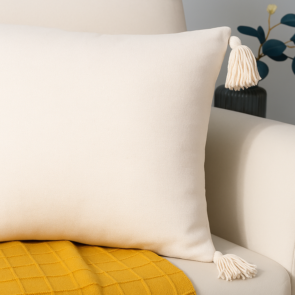 Funda Cojín Beige | 45x45 cm Diseño Delicado Borlas - 615-1