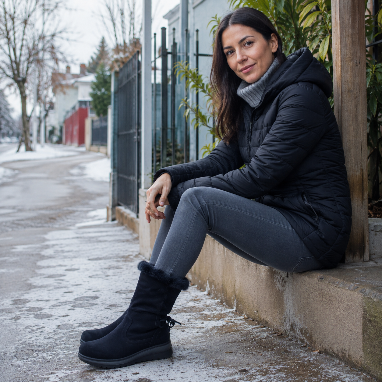 Bota Mujer Invierno Negra Caña Media y Suela Antideslizante-2
