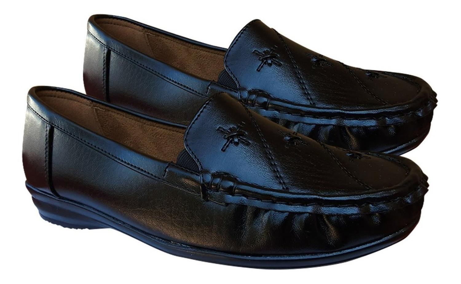 Zapato Mocasín De Cuero Mujer Casual Clasico Comodo Negro - 7148-2