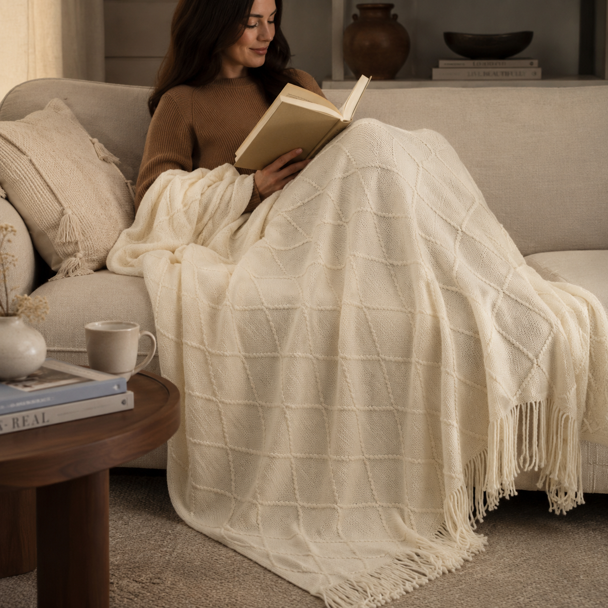 Manta Crema Liviana Decorativa Para Cama Y Sillón 012 para Hogar-2