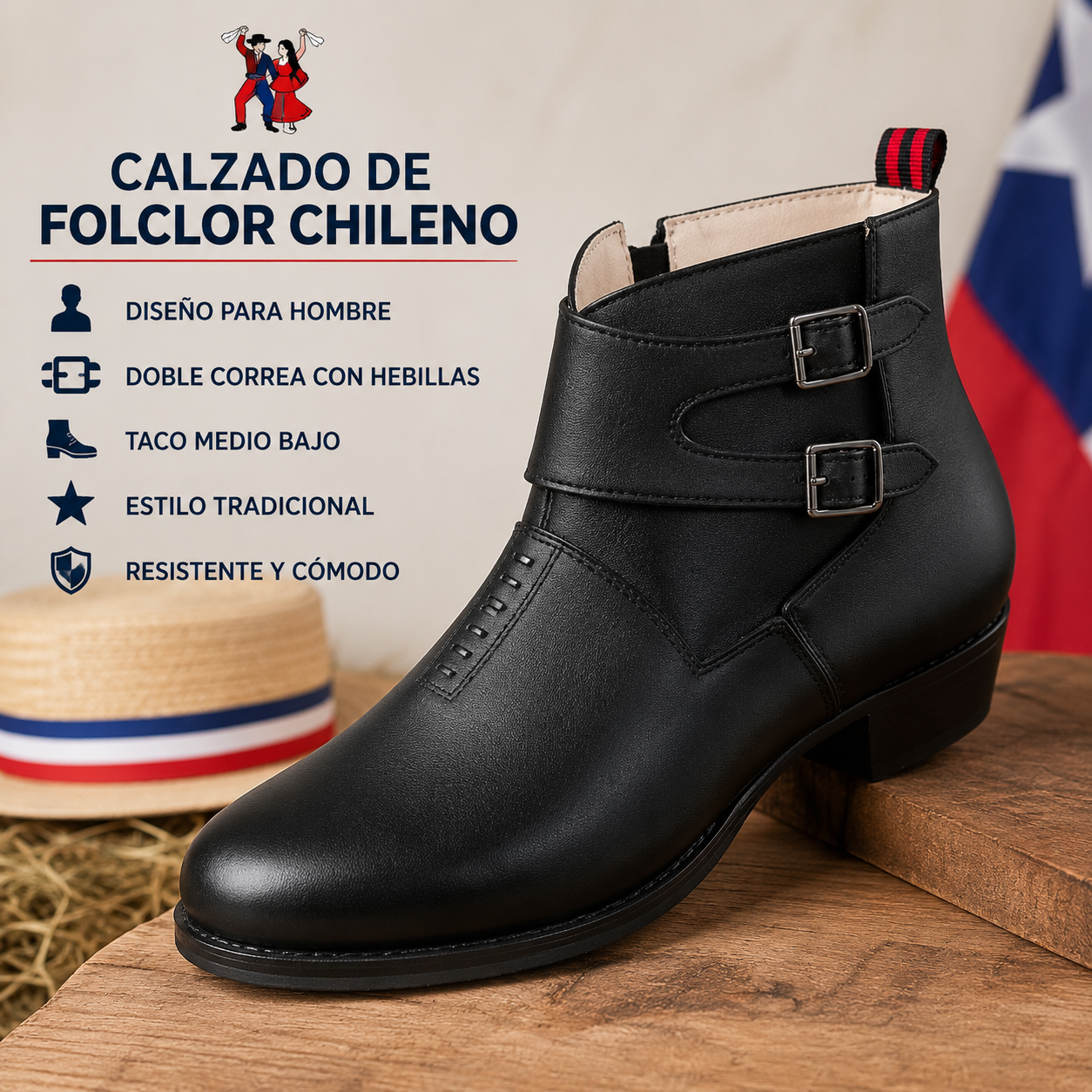 Botín Para Cueca Hombre Negro Doble Hebilla 7599 Diseño Moderno-5