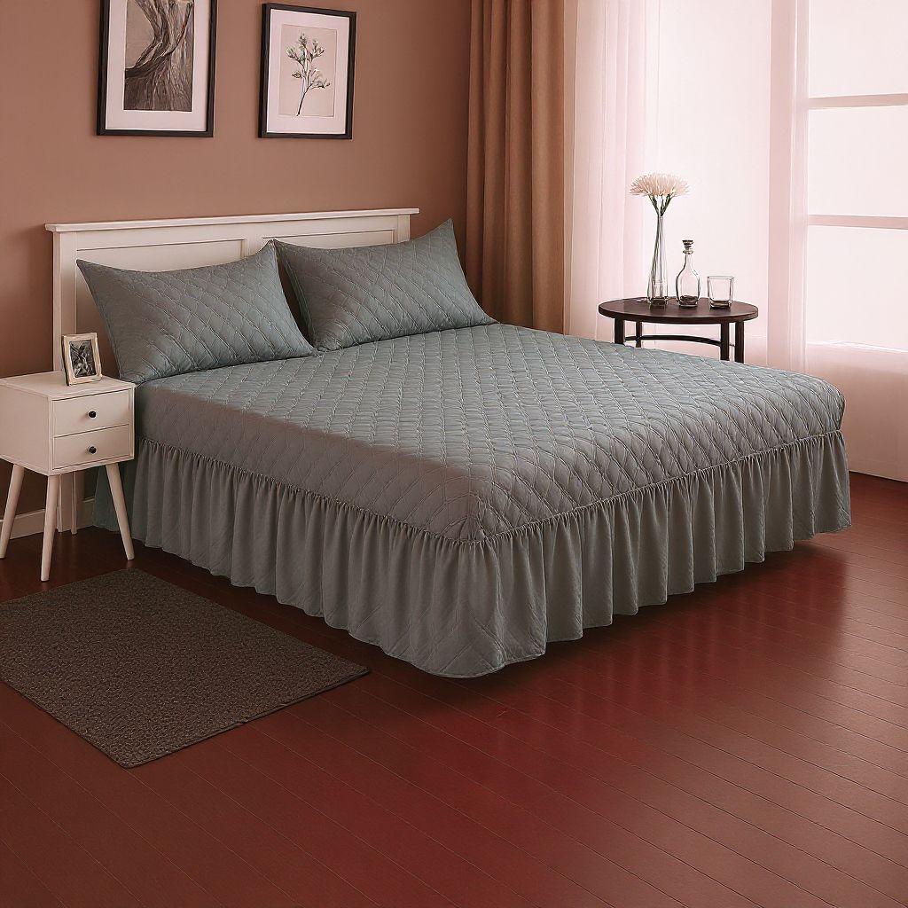 Faldón Cama Doble 2 Plazas Acolchado + 2 Fundas Gris-1