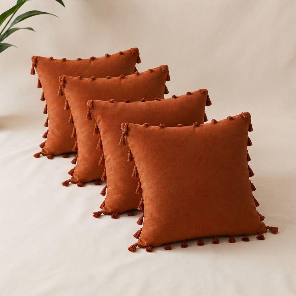 Pack 4 Fundas De Cojín Decorativas Marrón 45x45 cm Con Borlas-5