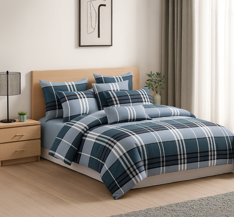 Sábanas 2 Plazas Azul | 800 Hilos Cuadros Elegantes - 822-1