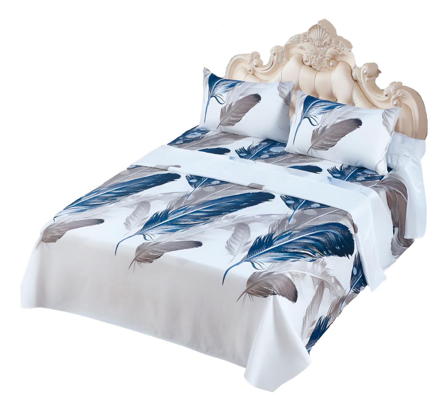 Juego De Sabanas 3.0 Algodon 200 Hilos Plumas Azul 591-0