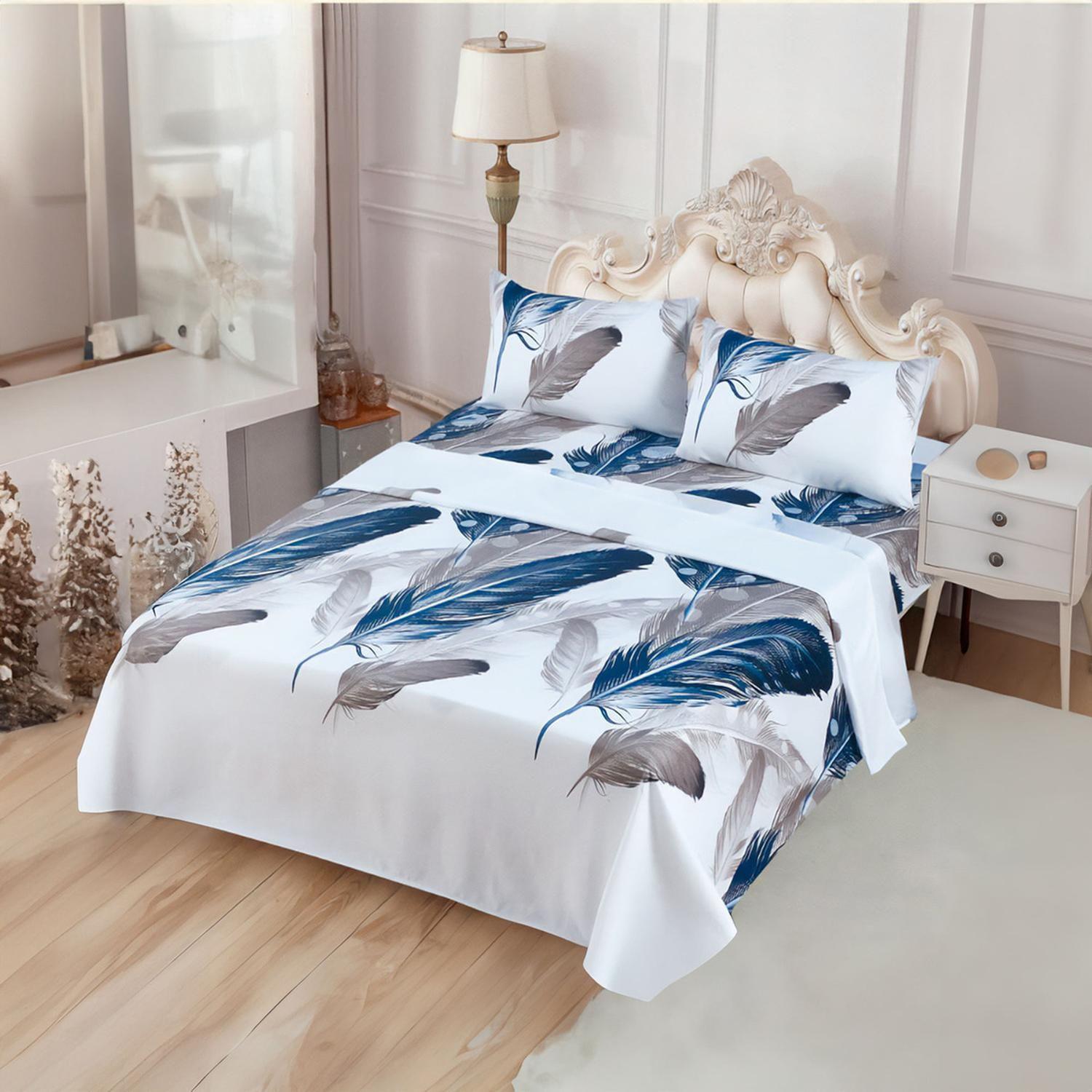 Juego De Sabanas 3.0 Algodon 200 Hilos Plumas Azul 591-1