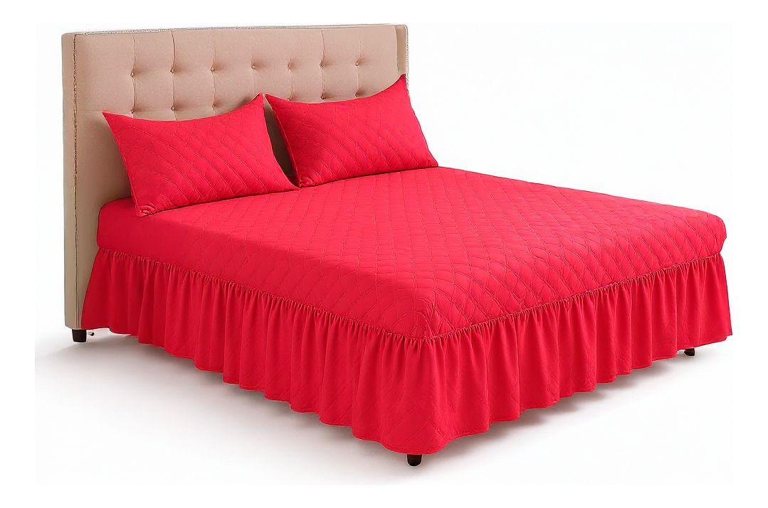 Faldón Cama Doble 2 Plazas Acolchado + 2 Fundas Rojo-0