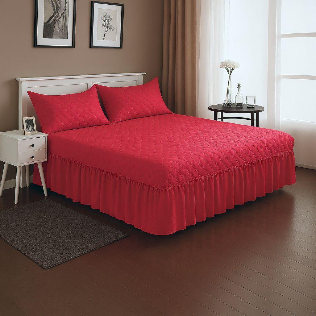 Faldón Cama Doble 2 Plazas Acolchado + 2 Fundas Rojo-1
