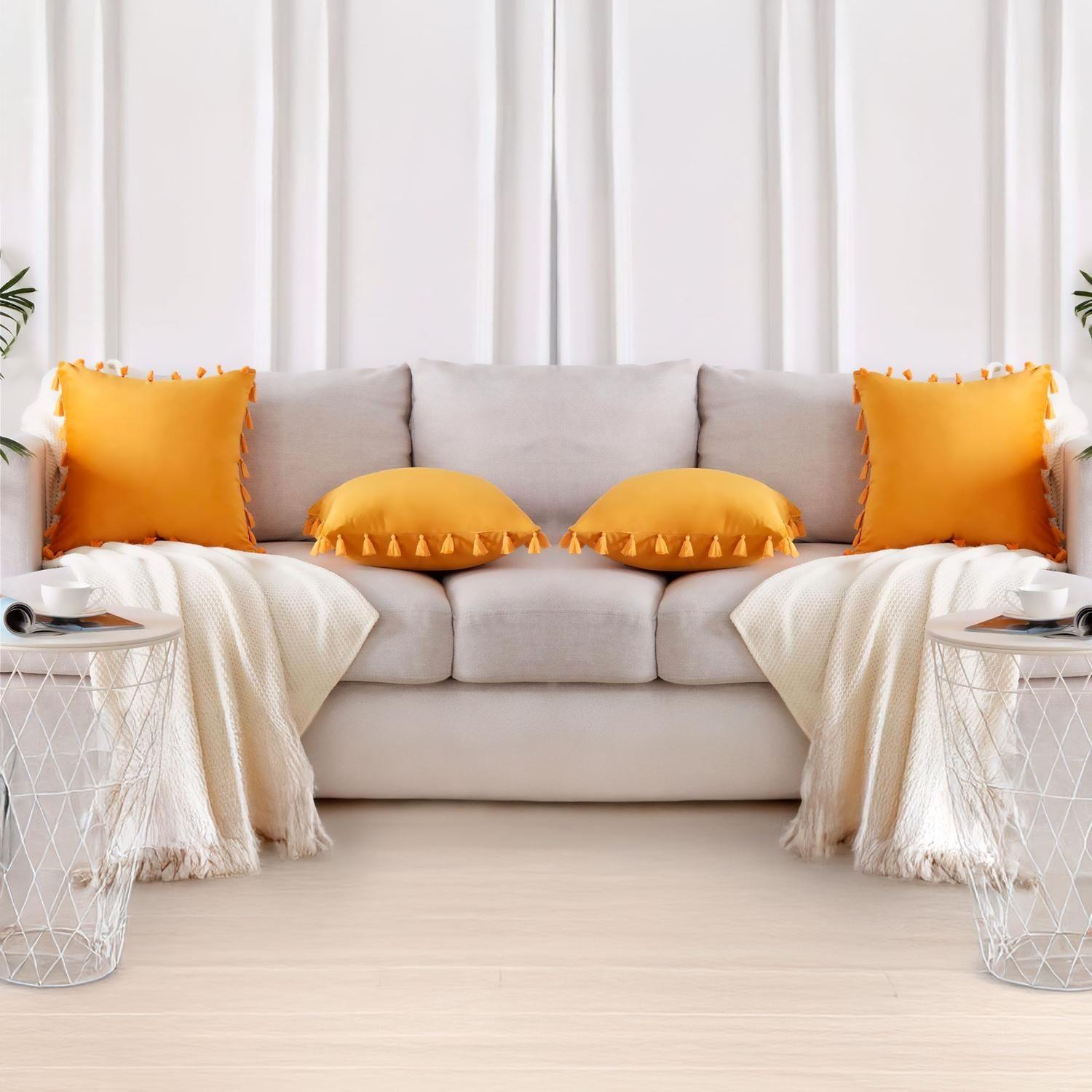 Fundas Para Cojín 45x45 Decorativas Con Borla Amarillo Pack 4U-4