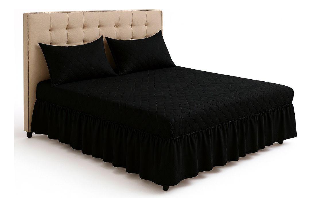 Faldón Cama Doble 2 Plazas Acolchado + 2 Fundas Negro-0