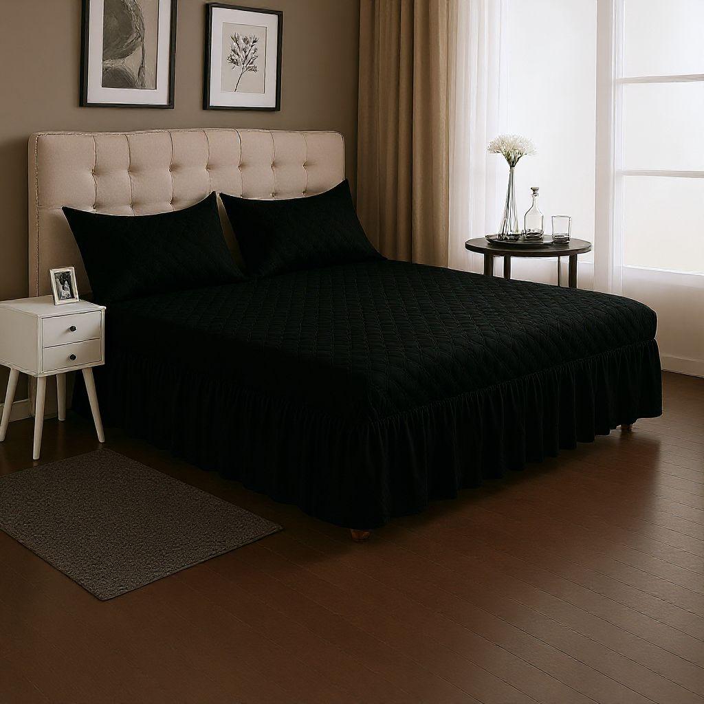 Faldón Cama Doble 2 Plazas Acolchado + 2 Fundas Negro-1
