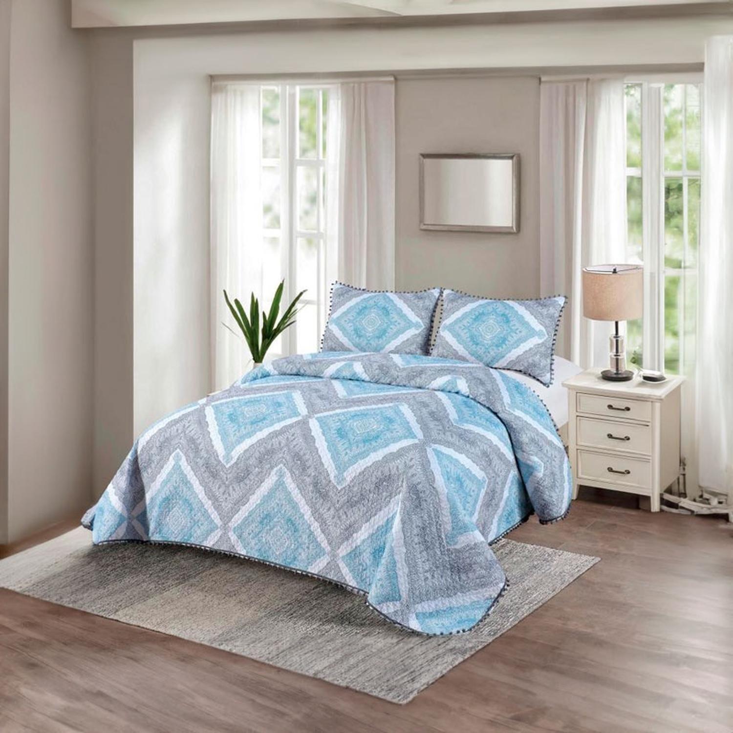 Cubrecama Quilt 2 Plazas Diseño Rombo Elegante Con Pompones-2