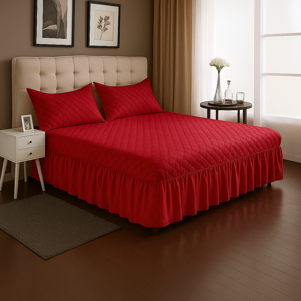 Faldón King Acolchado con 2 Fundas Diseño Premium Rojo-2