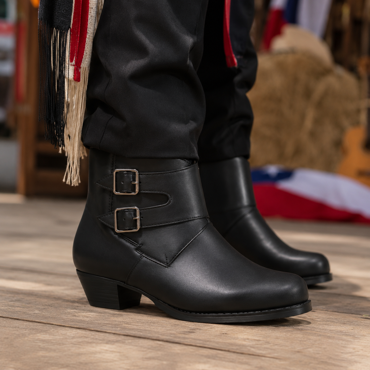 Zapato de Huaso Negro Juvenil Doble Hebilla y Cierre Modelo 7604-4