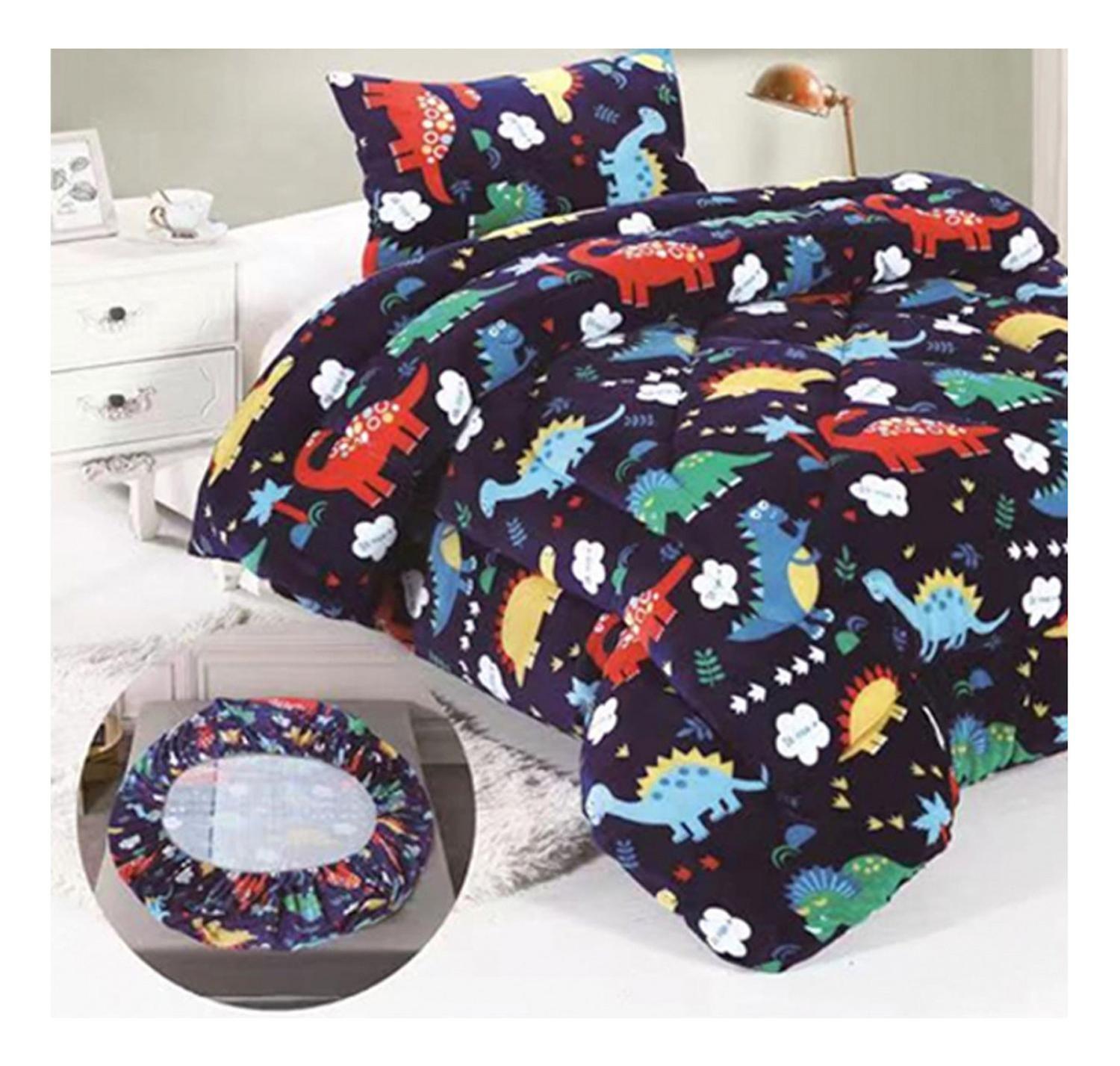 Cobertor Chiporro y Sabana Bajera Polar Infantil 1.5 Plazas Azul Dinosaurio-0