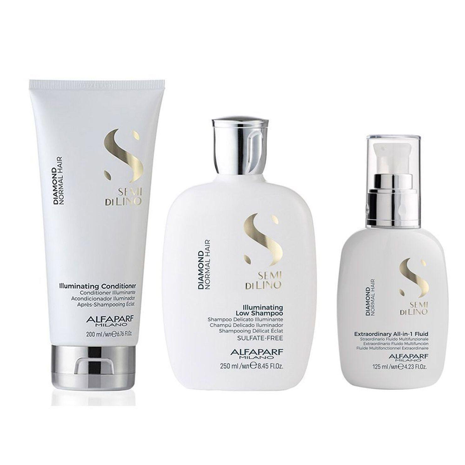 ALFAPARF Kit Shampoo, Acondicionador  y Fluido Diamond Iluminador Semi di lino-1
