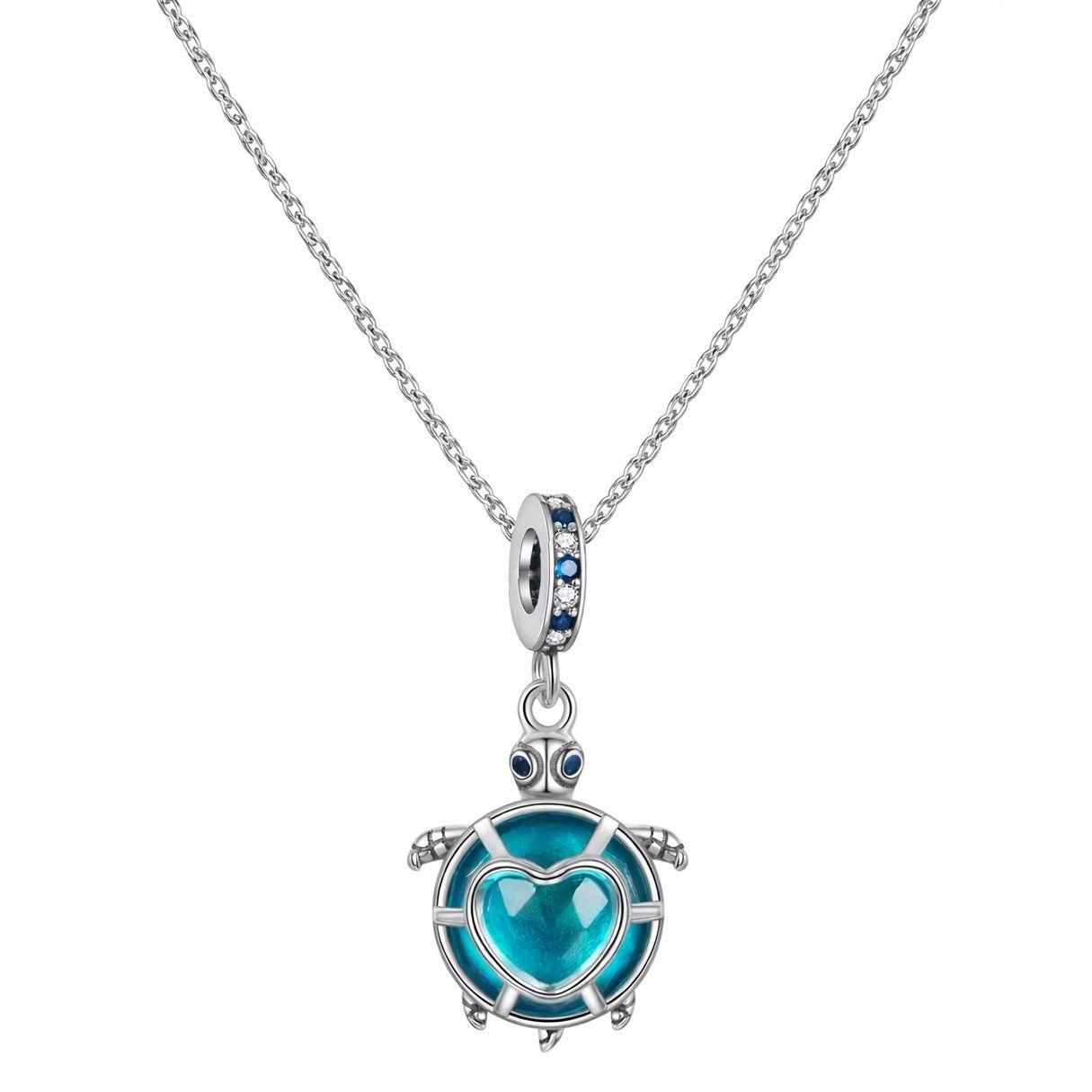 Charm Dije Colgante Plata 925 Tortuga Azul Corazón-2