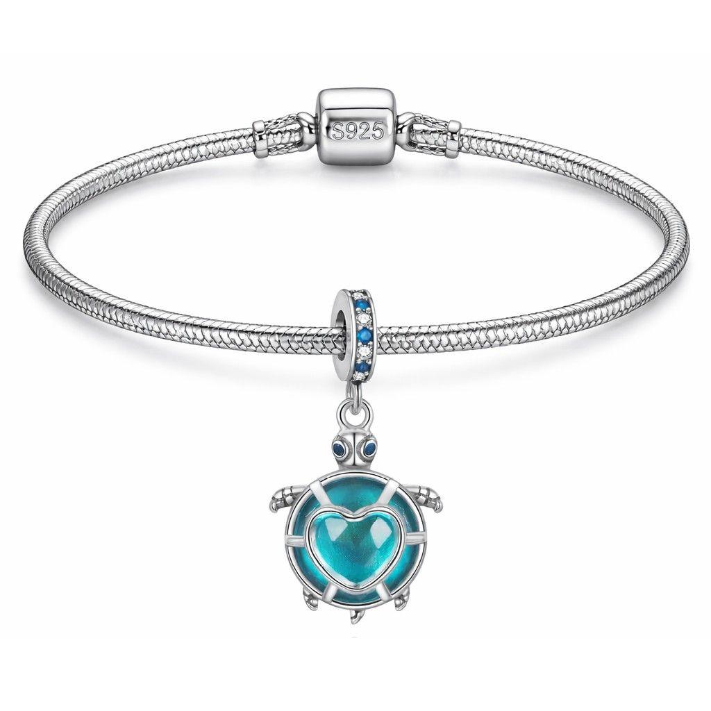 Charm Dije Colgante Plata 925 Tortuga Azul Corazón-3