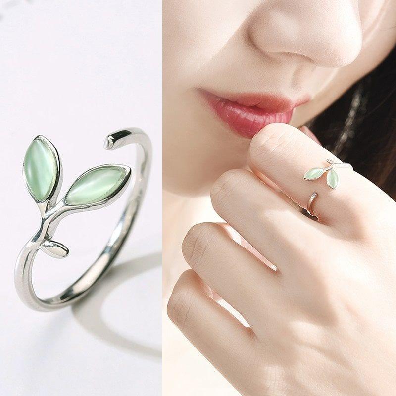 Anillo Doble Hoja Verde Plateado-3