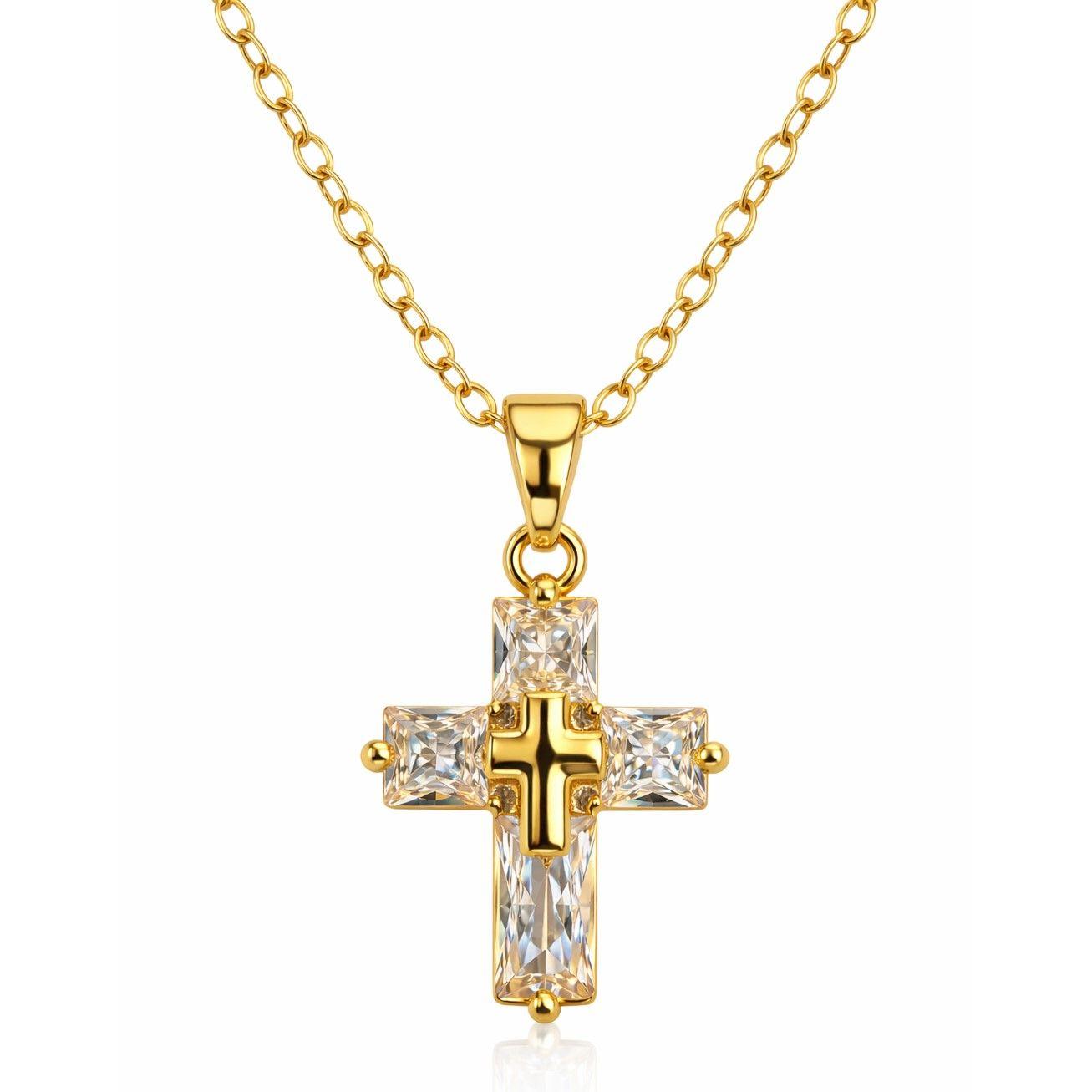 Collar Mini Cruz Cristal Blanco y Acero Dorado-0