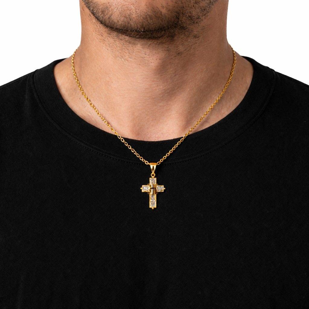 Collar Mini Cruz Cristal Blanco y Acero Dorado-2