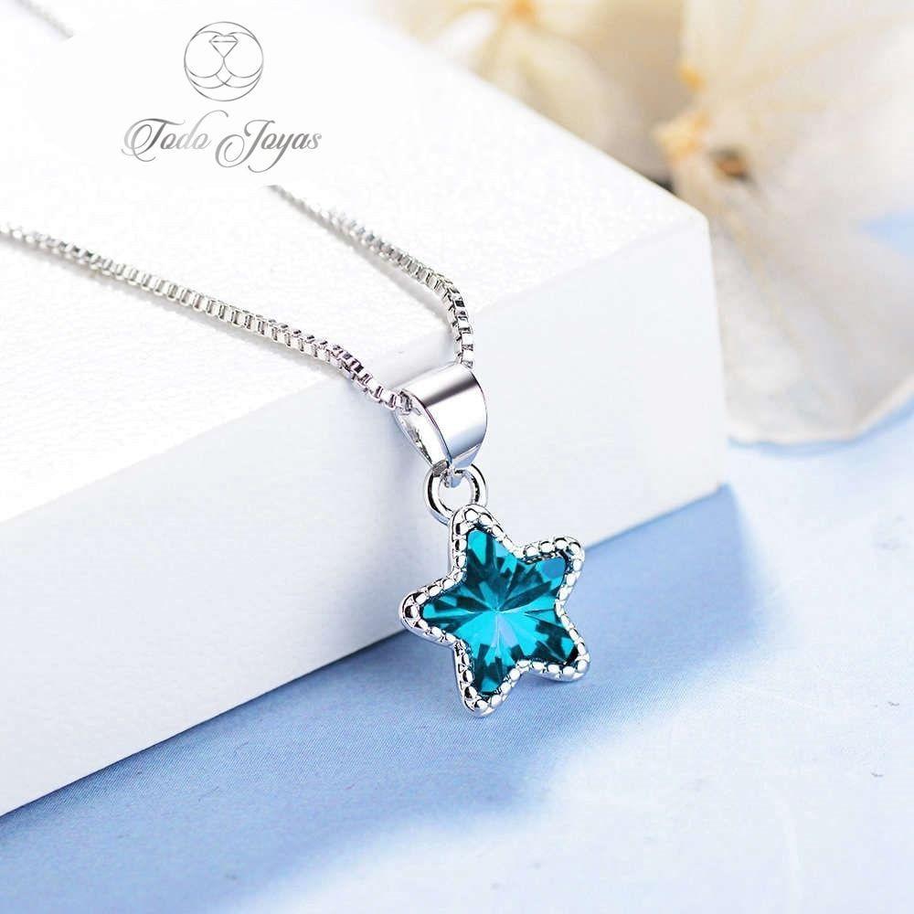 Collar Estrella Circon Azul Plateado -4