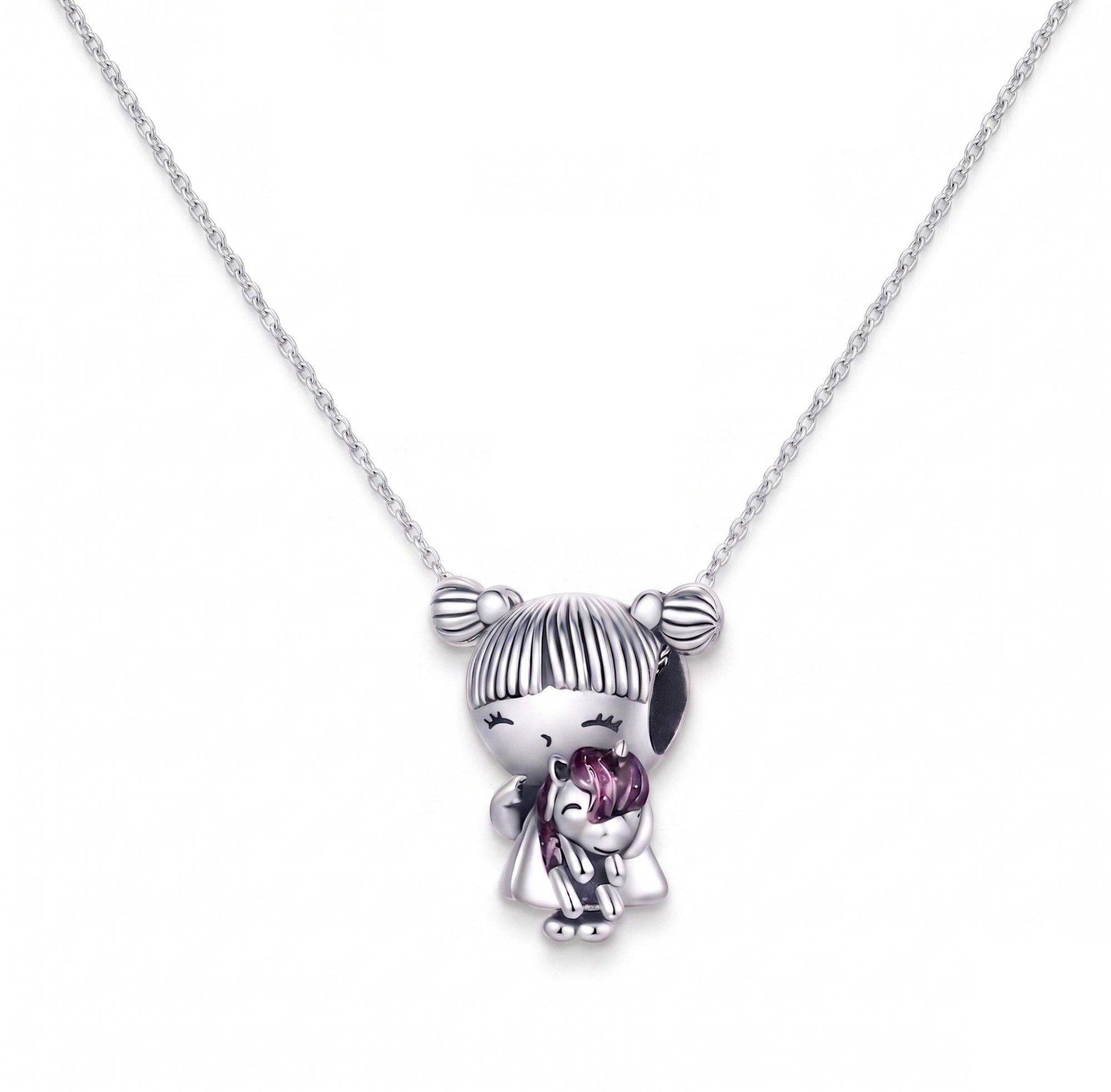 Charm Dije Plata 925 Niña Con Peluche Unicornio-3
