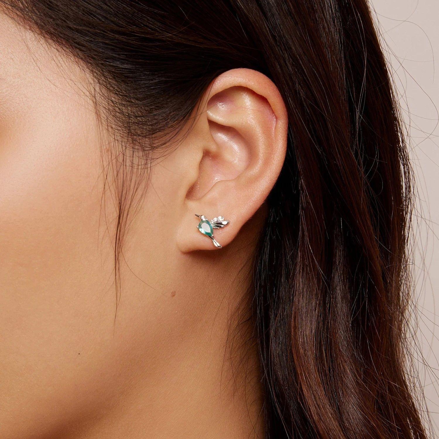 Aros Plata 925 Colibri Pajaro Verde Hummingbird-3