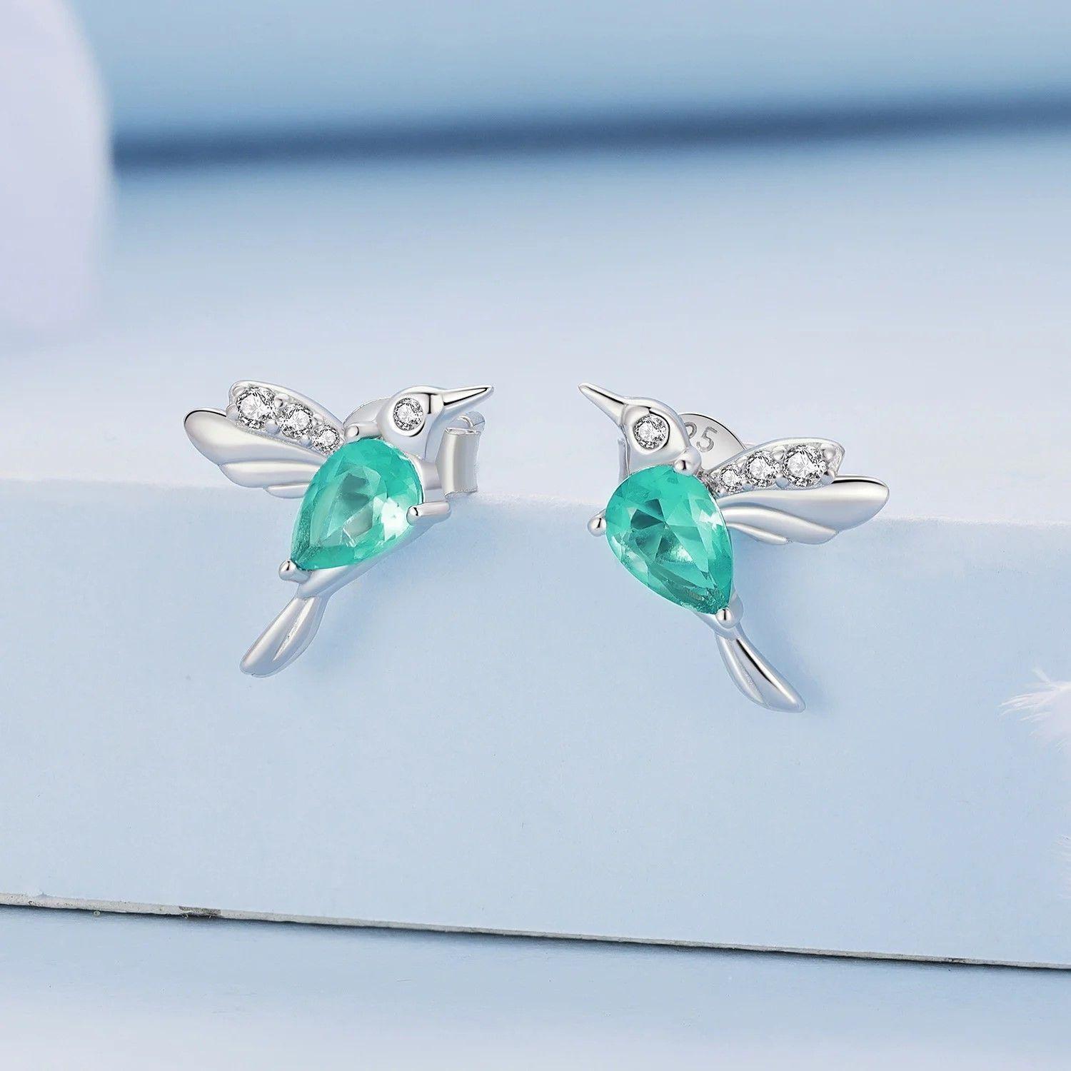 Aros Plata 925 Colibri Pajaro Verde Hummingbird-4