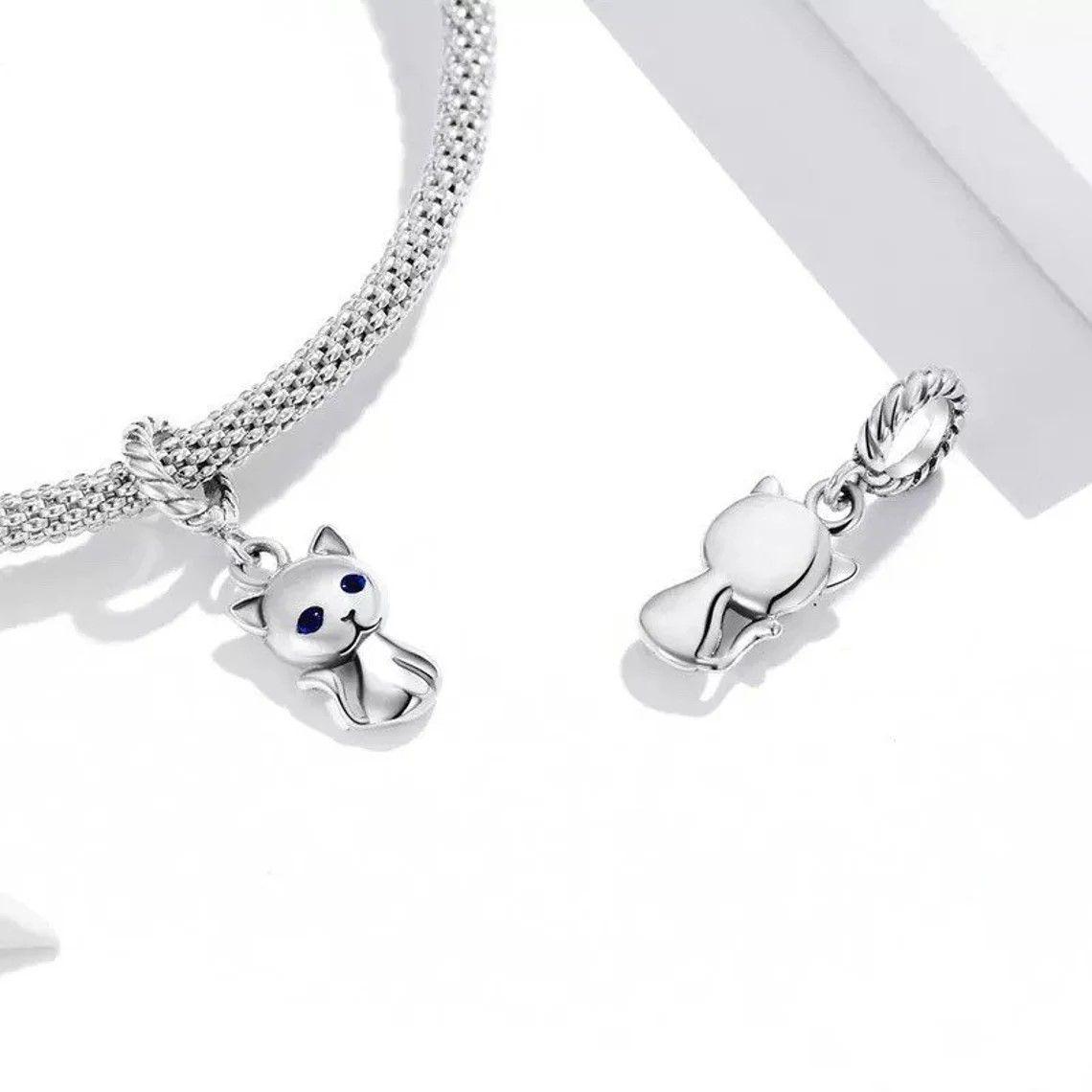 Charm Dije Plata 925 Gatito Ojos Azules-1