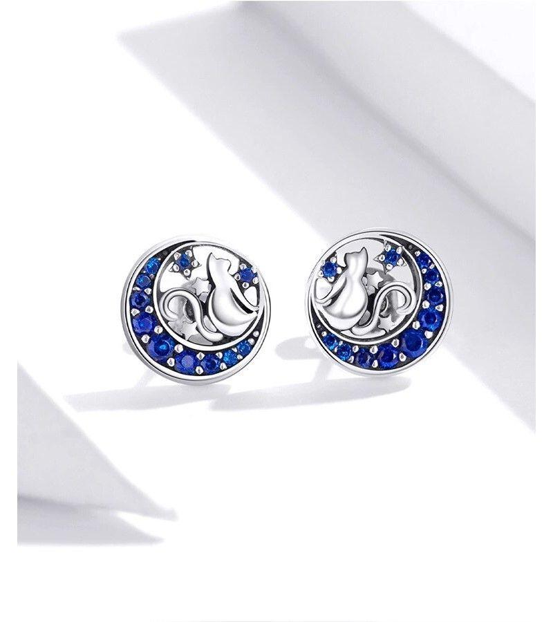 Aros Plata 925 Gato en Luna Azul-2