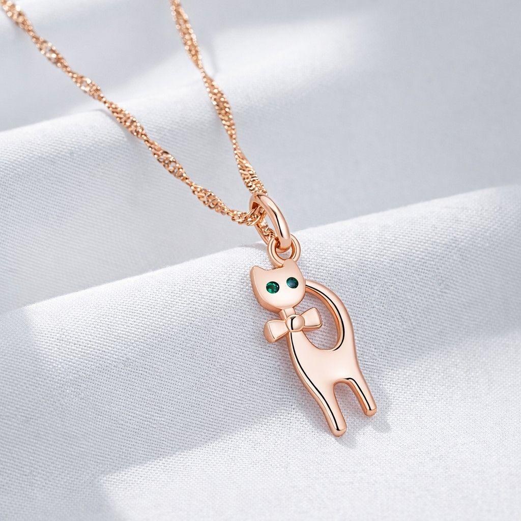 Collar Gatito Elegante Ojos Verdes Dorado Rosa-3