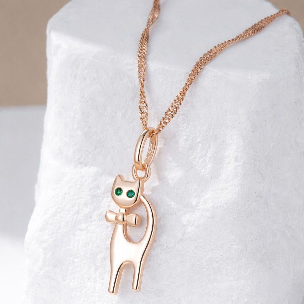 Collar Gatito Elegante Ojos Verdes Dorado Rosa-4