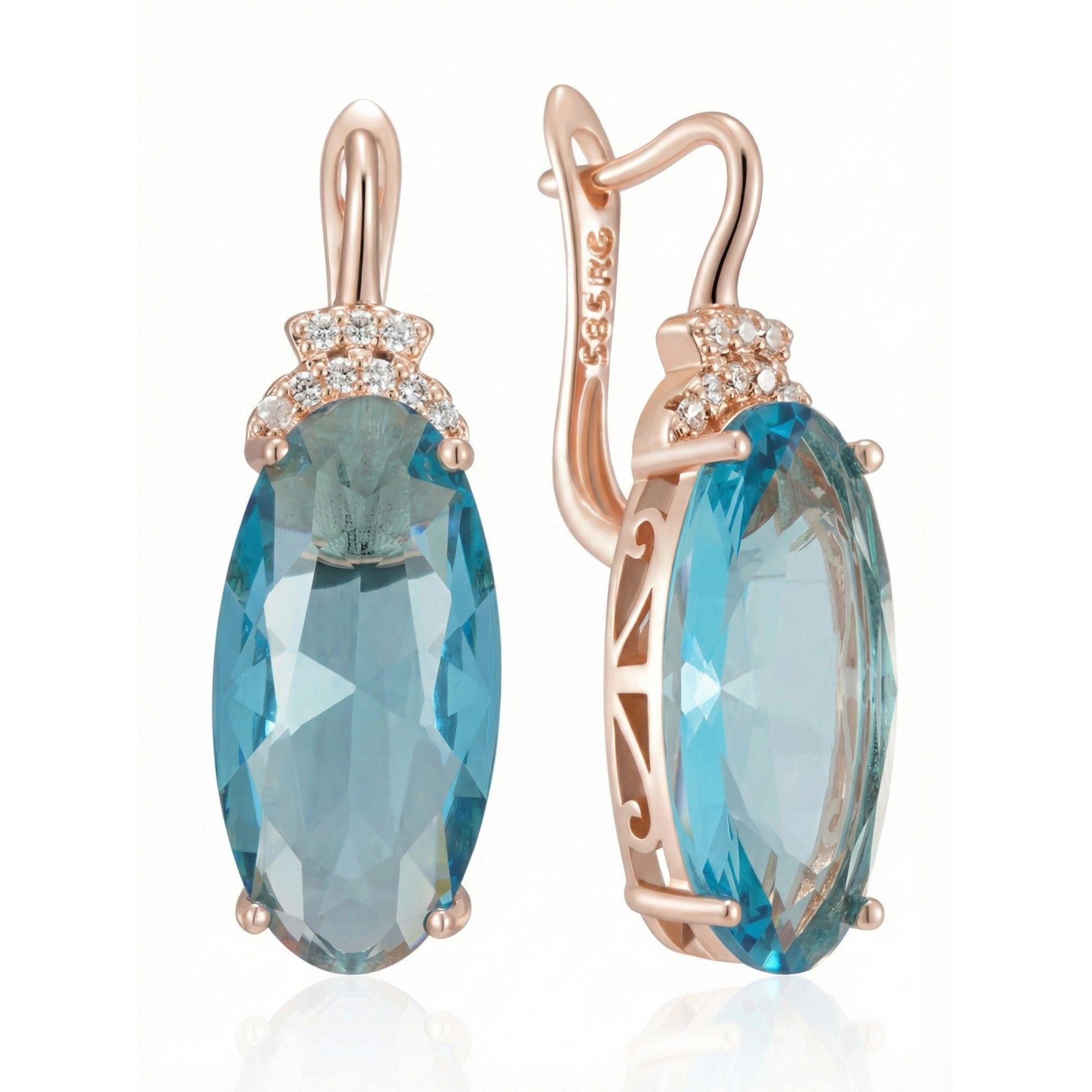 Aros Colgantes Cristal Azul y Circones Dorado Rosa-0