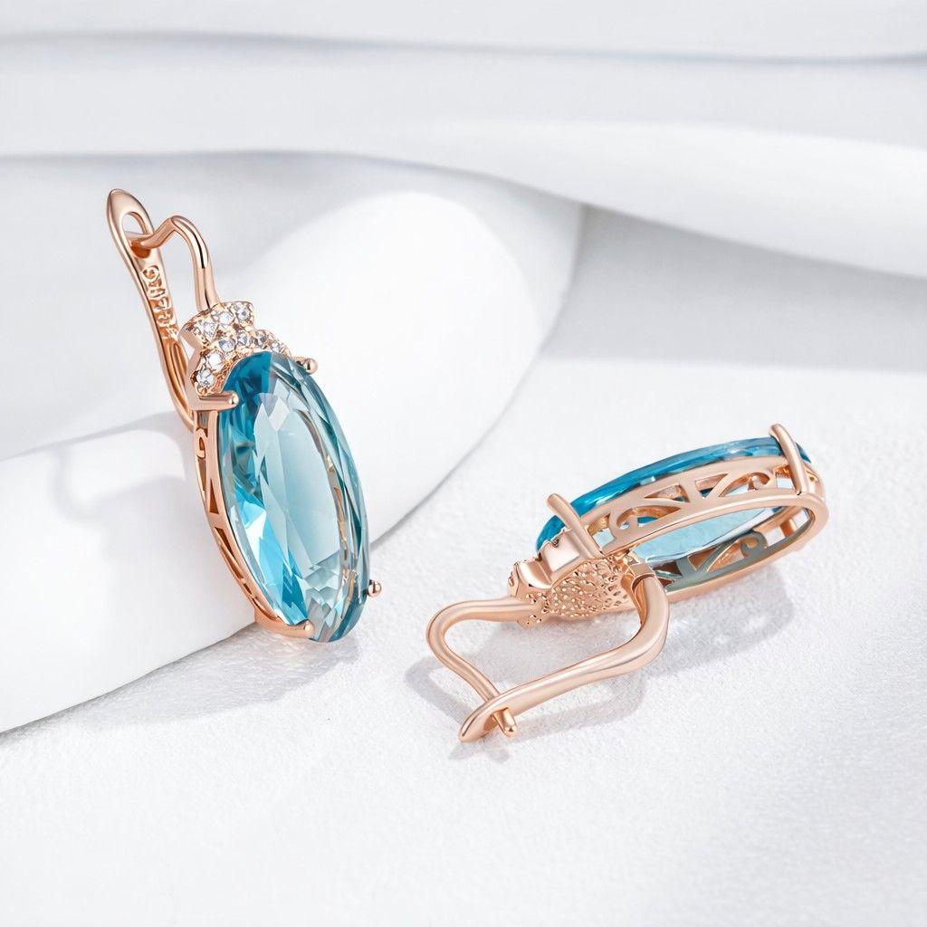 Aros Colgantes Cristal Azul y Circones Dorado Rosa-2
