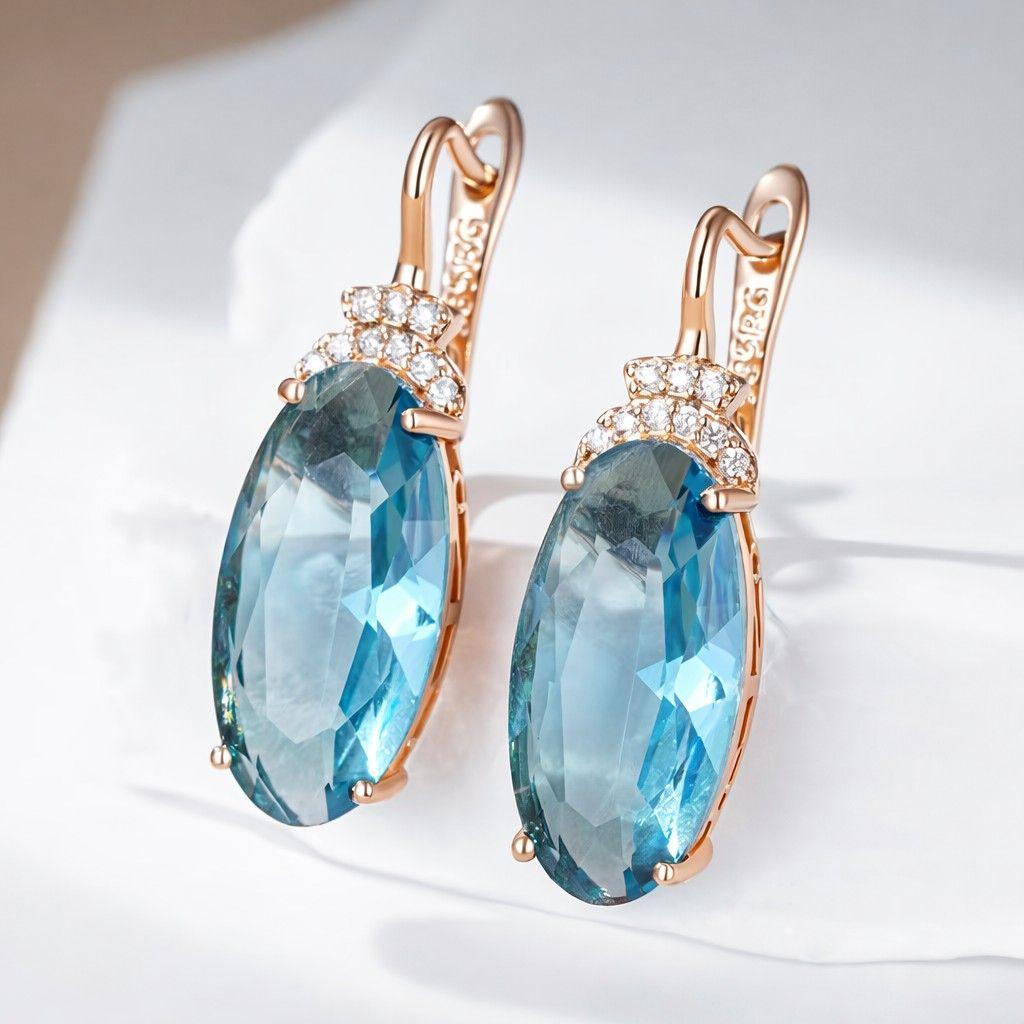 Aros Colgantes Cristal Azul y Circones Dorado Rosa-3