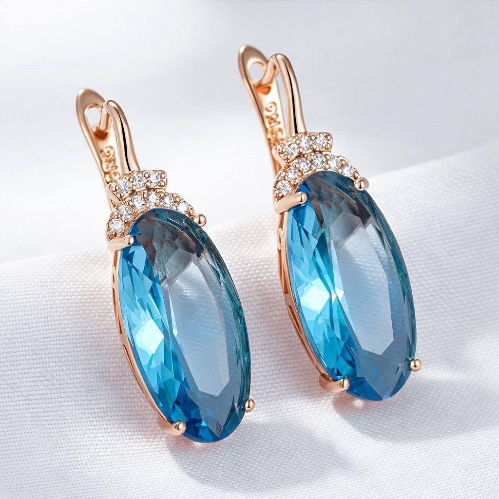 Aros Colgantes Cristal Azul y Circones Dorado Rosa-4