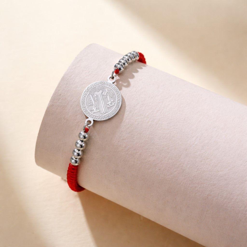Pulsera Medalla San Benito Hilo Rojo y Acero Plateado-2