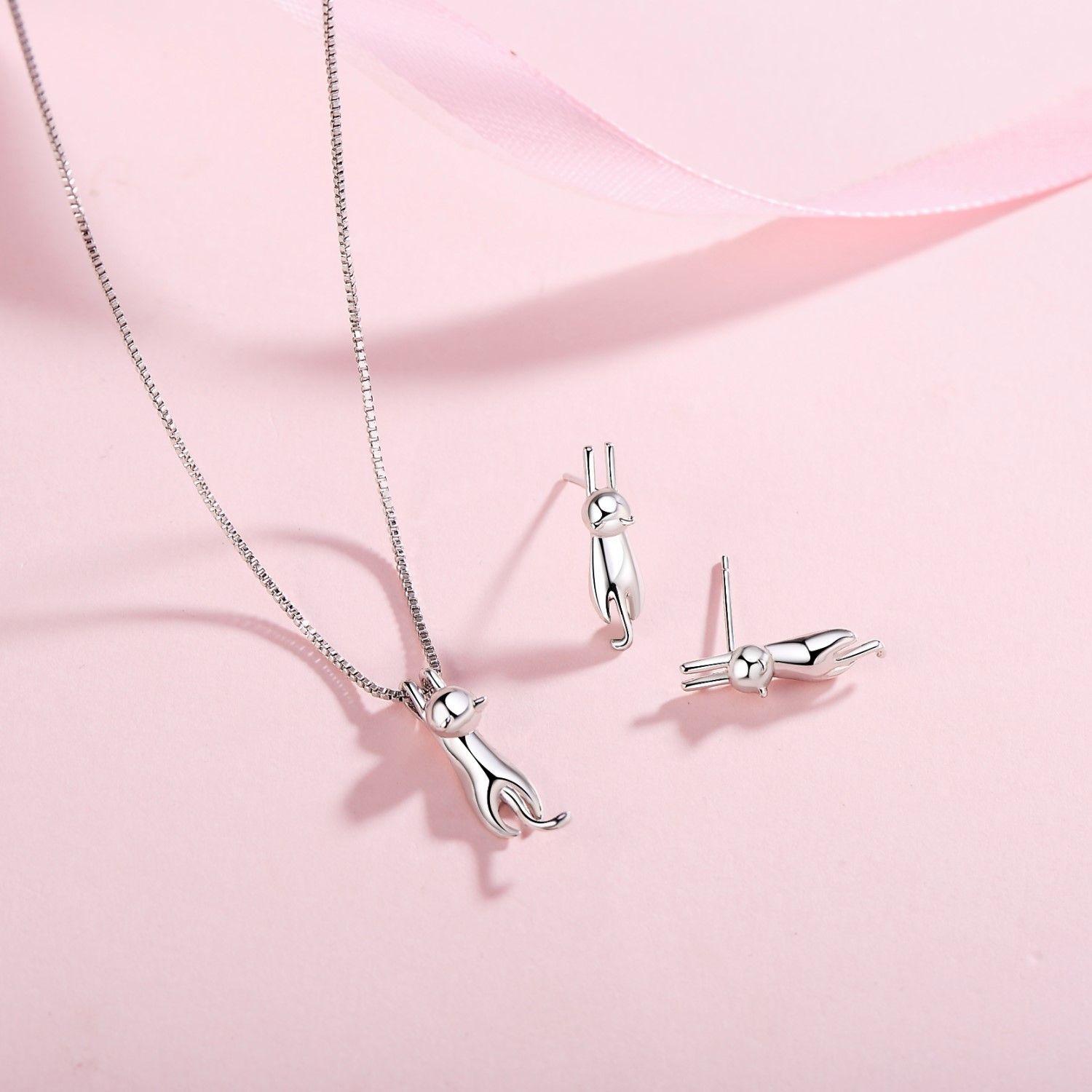 Conjunto Collar y Aros Gatitos Colgantes Plateado-3